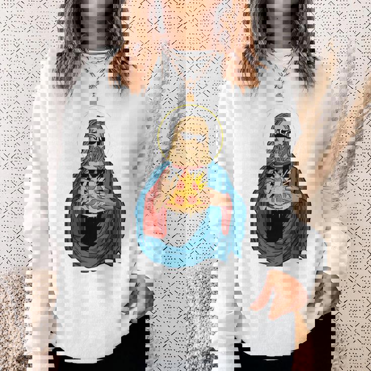 Jesus Holding A Pizza 長袖tシャツ スウェットシャツ 彼女への贈り物