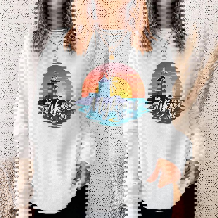 Mykonosibes ヴィンテージ 夕日 ギリシャの島 ギリシャ お土産 長袖tシャツ スウェットシャツ 彼女への贈り物