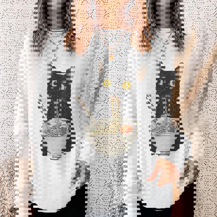 おもしろ猫 食べる 麺 ラーメン 日本猫 食べる 麺 スウェットシャツ 彼女への贈り物