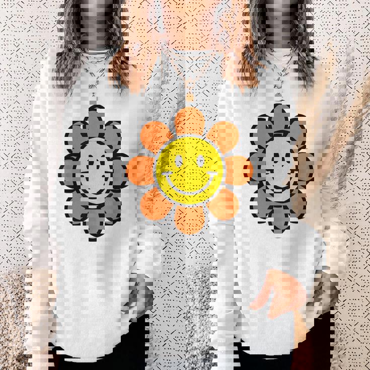 オレンジ イエロー ハッピー スマイル スマイル フェイス デイジー フラワーガール スウェットシャツ 彼女への贈り物