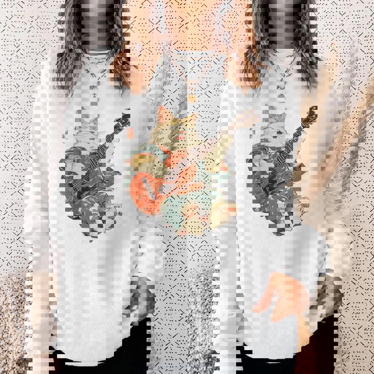 ギターを弾く日本の侍猫 忍者 浮世絵 アニメ スウェットシャツ 彼女への贈り物