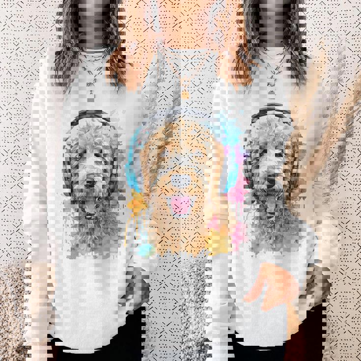 ゴールデンドゥードル、ヘッドフォン、犬、動物プリント スウェットシャツ 彼女への贈り物