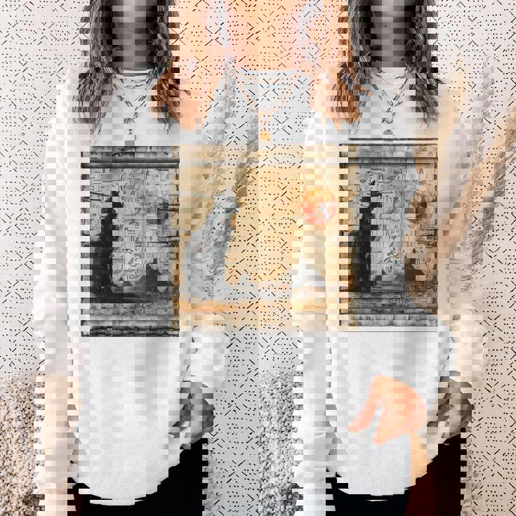 サンセット ピラミッド パピルス スクロール 砂漠 エジプトアート 猫 長袖tシャツ スウェットシャツ 彼女への贈り物