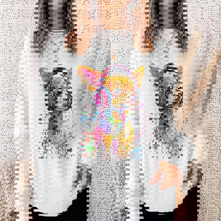 チワワの恋人 ポップアート ヘッドフォンを着て おもしろい チワワ 長袖tシャツ スウェットシャツ 彼女への贈り物