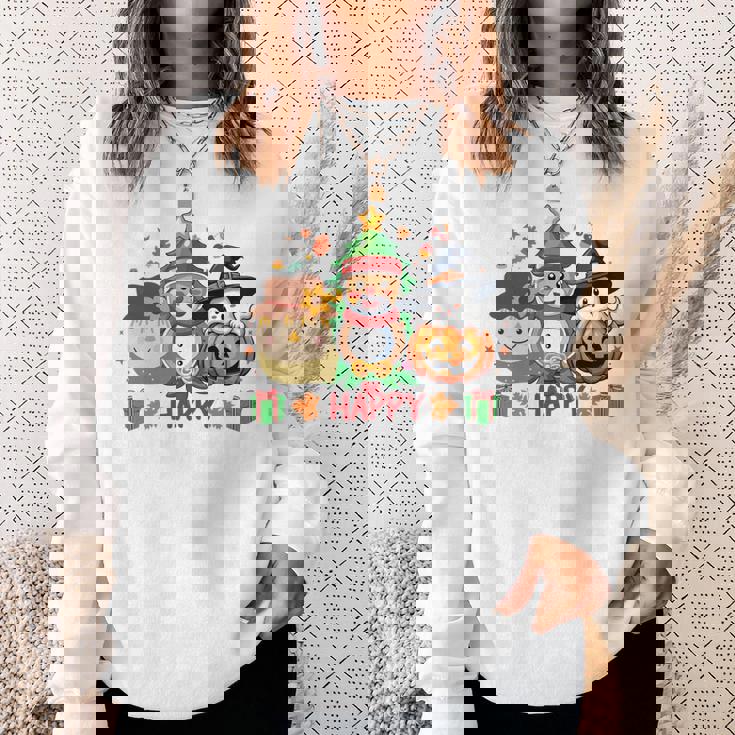 ハッピー、感謝祭、ハロウィン、メリークリスマス。 長袖tシャツ スウェットシャツ 彼女への贈り物