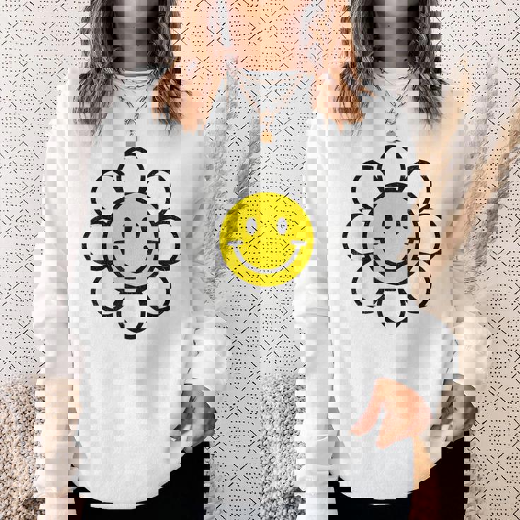 レトロ ヴィンテージ イエロー ハッピー スマイル スマイル フェイス デイジーフラワー スウェットシャツ 彼女への贈り物