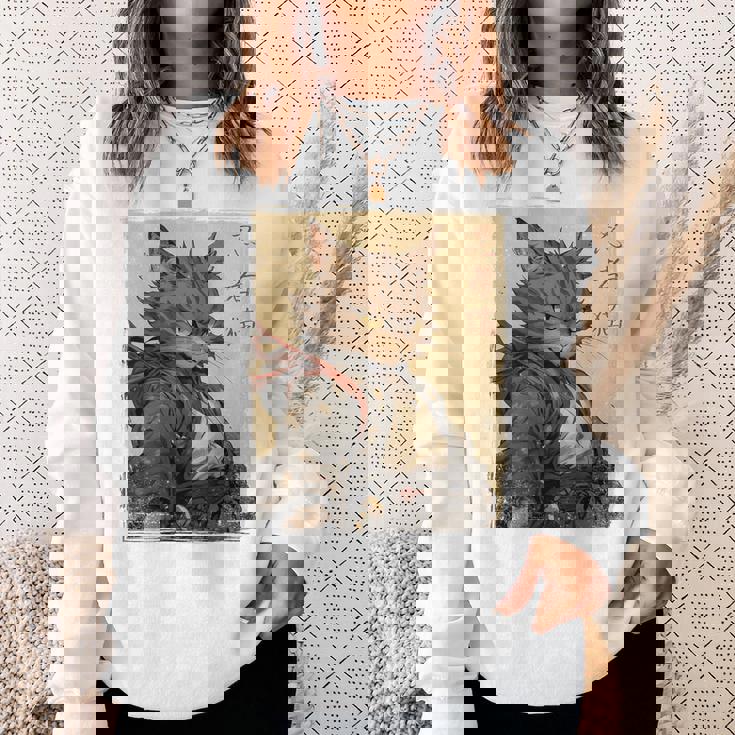 ヴィンテージ 日本の風景 侍 猫 漢字 Art Back スウェットシャツ 彼女への贈り物