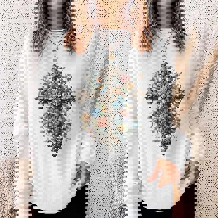 十字架 スピリチュアル キリスト 花 イエス 信仰 十字架 十字架 長袖tシャツ スウェットシャツ 彼女への贈り物