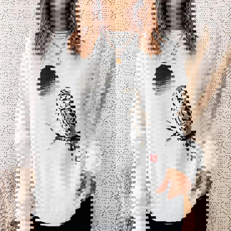 日本製 墨絵 ふくろう アート 墨筆 絵 漢字 知恵 – 日本文化デザイン スウェットシャツ 彼女への贈り物