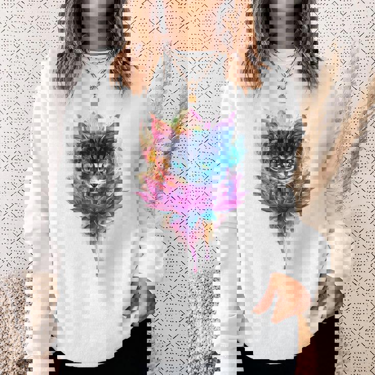 猫 花 カラフル かわいい アート 動物好き グラフィック 猫 スウェットシャツ 彼女への贈り物