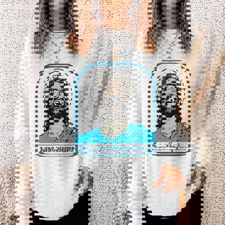 笑うイエス キリスト 喜び 幸せな笑顔 自信 いばらの冠 満足感 クリスマスプレゼント 贈り物 お土産 ポジティブ スウェットシャツ 彼女への贈り物