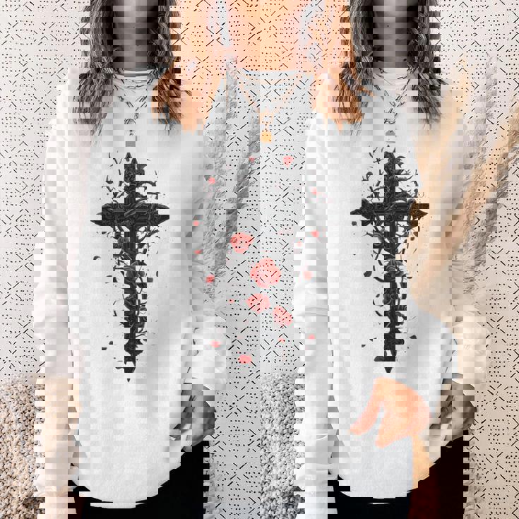 赤いバラのゴシック・クロス 長袖tシャツ スウェットシャツ 彼女への贈り物