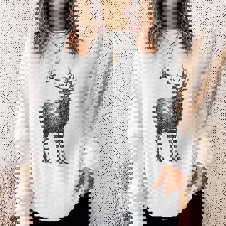 鹿 動物 プリント モチーフ 図面 イラスト ポートレート 鹿 スウェットシャツ 彼女への贈り物