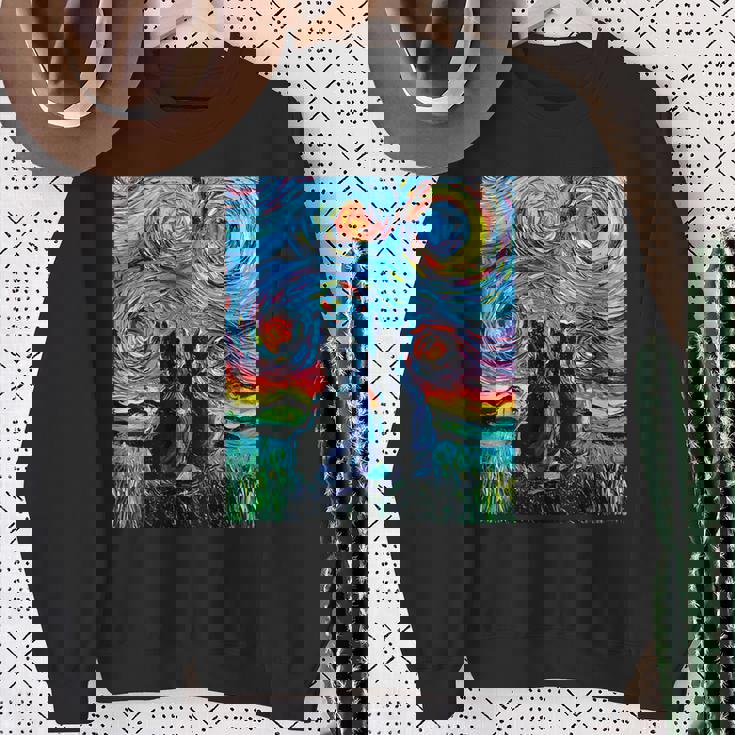 Aja 星月夜に2匹の黒猫 カラフルアート スウェットシャツ 年配の女性への贈り物