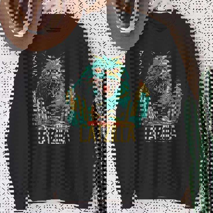 Catzilla ビンテージ 面白い かわいい 猫 アート スウェットシャツ 年配の女性への贈り物