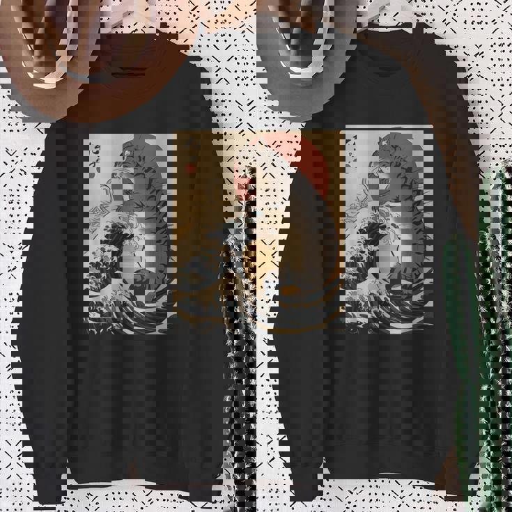 Catzilla 日本の波 ヴィンテージ 夕日 面白い 猫 アート スウェットシャツ 年配の女性への贈り物