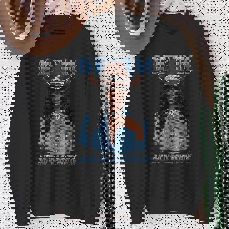 Denim And Diamonds African Melanin Cowgirls Western Sweatshirt Gifts for Old Women