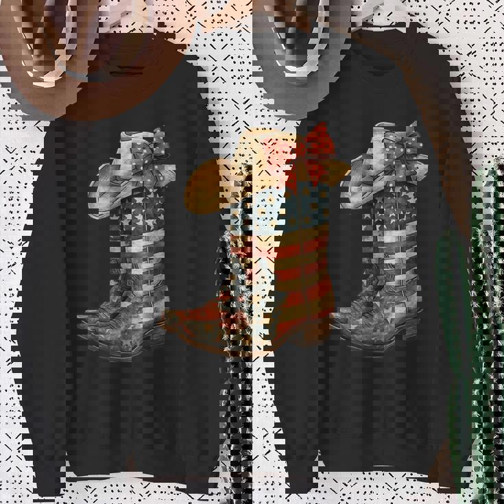 Retro Western Cowboy Boots Cowgirl American Flag 4Th Of July Sweatshirt Gifts for Old Women