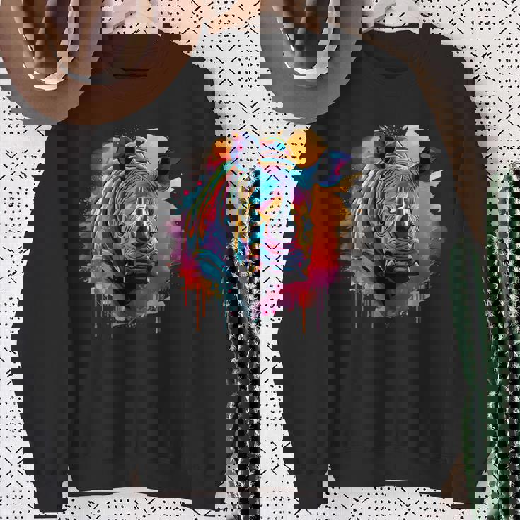 Rhinoceros アートワーク ポートレート 動物 アート カラフル スプラッシュ サイ スウェットシャツ 年配の女性への贈り物