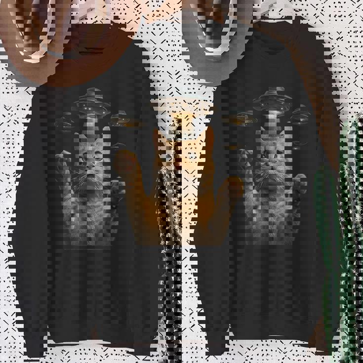 Ufo 誘拐 猫 面白い エイリアン ビーム リアル スタイル スウェットシャツ 年配の女性への贈り物