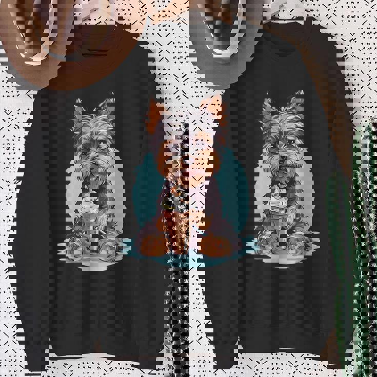 Yorkie Dog アニメ アイスクリームを食べる 夏 かわいい スウェットシャツ 年配の女性への贈り物