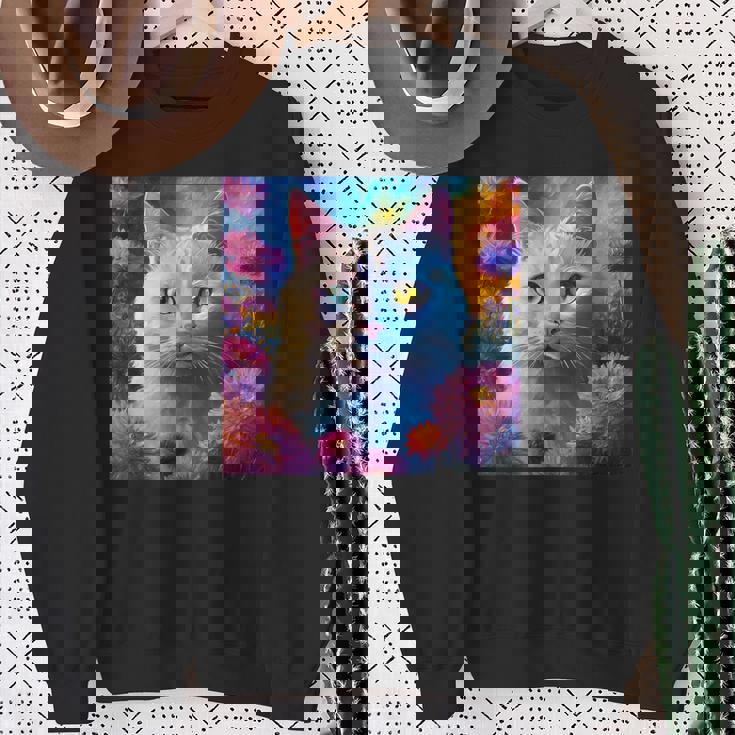 「お花畑のルディ猫」 油絵風ファンタジーアート 綺麗 かわいい オッドアイ リアル スウェットシャツ 年配の女性への贈り物