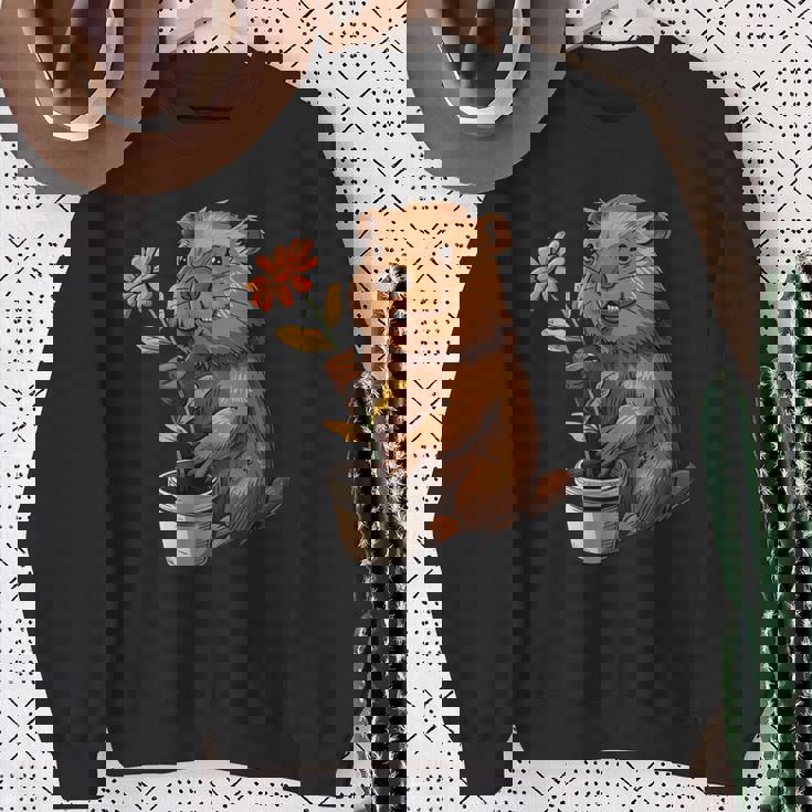 かわいいコスチューム愛好家のための鉢植えのハッピービーバー スウェットシャツ 年配の女性への贈り物