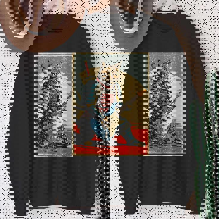 アニメ 日本の侍猫 エレキギターを弾くアートワーク スウェットシャツ 年配の女性への贈り物