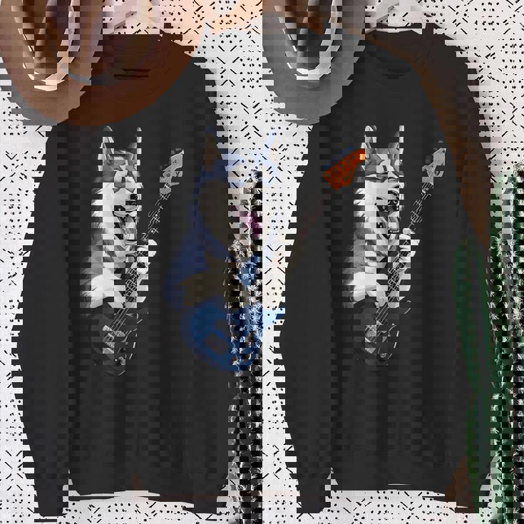 エレキギターを弾く面白いシベリアンハスキー犬ミュージシャン スウェットシャツ 年配の女性への贈り物