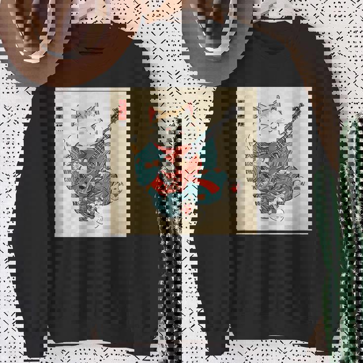 ギター奏でる猫 着物姿 ヴィンテージ 日本美術 面白い スウェットシャツ 年配の女性への贈り物