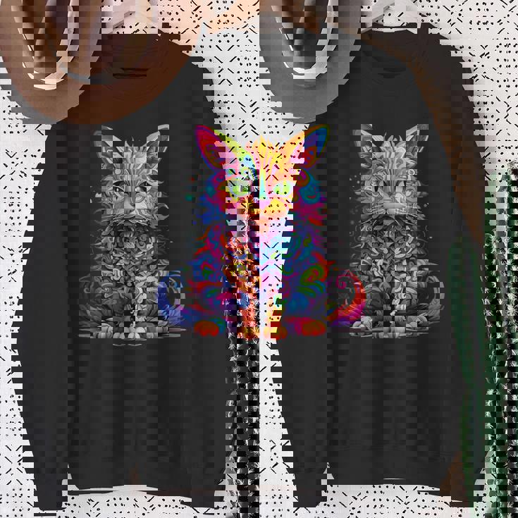 サイケデリック マンガ 猫 カラフル ファンタジー 曼荼羅スタイル スウェットシャツ 年配の女性への贈り物