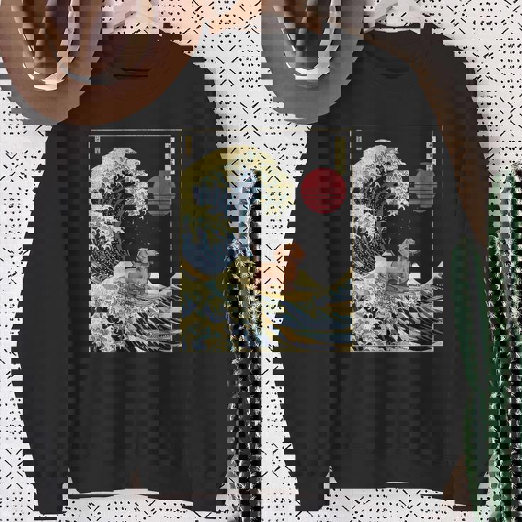 ダックスフント 日本の神奈川波 おもしろサーフドッグ スウェットシャツ 年配の女性への贈り物