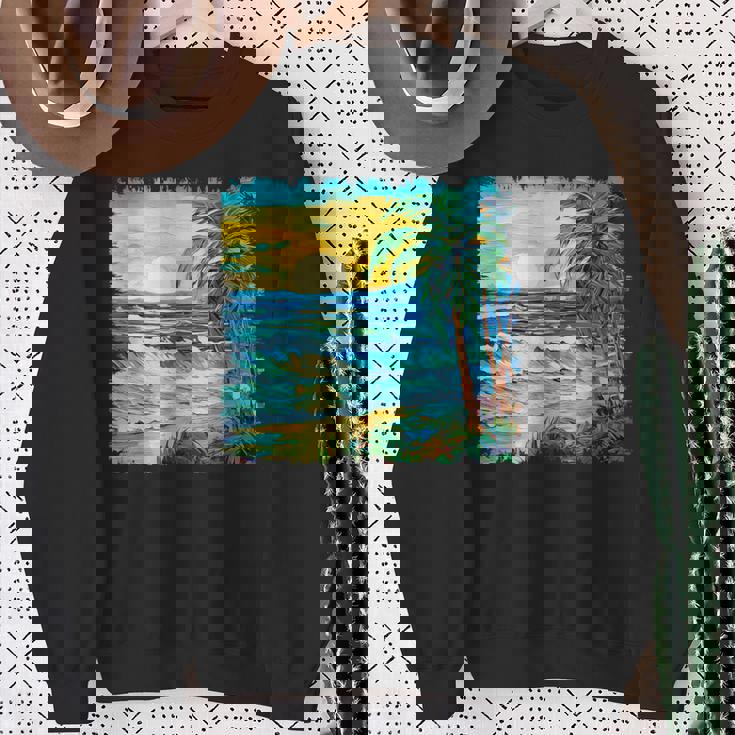 トロピカルビーチ 太陽 オーシャン ヤシの木 ゴッホスタイル アートデザイン スウェットシャツ 年配の女性への贈り物