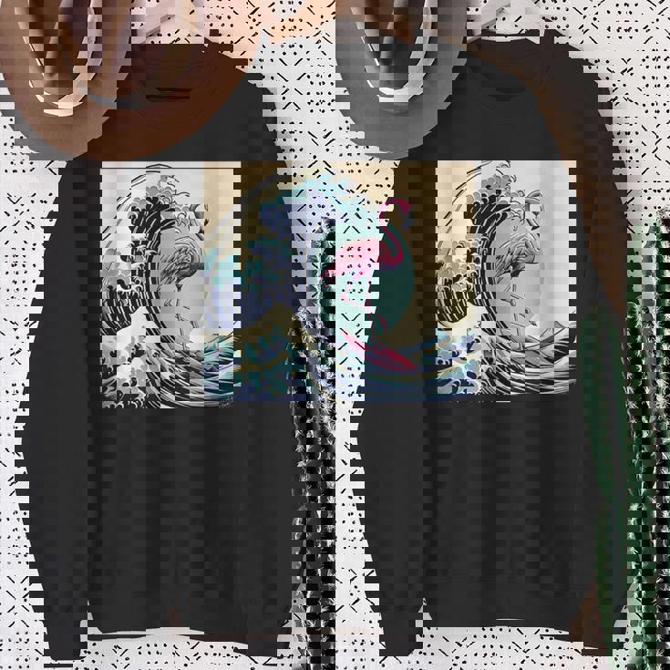 トロピカルピンク フラミンゴ グレートビッグウェーブサーファー オーシャンビーチ スウェットシャツ 年配の女性への贈り物