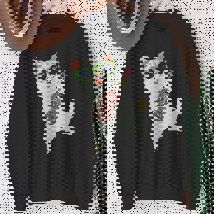 ハワイアンウケ猫遊びウクレレバッジポケット スウェットシャツ 年配の女性への贈り物