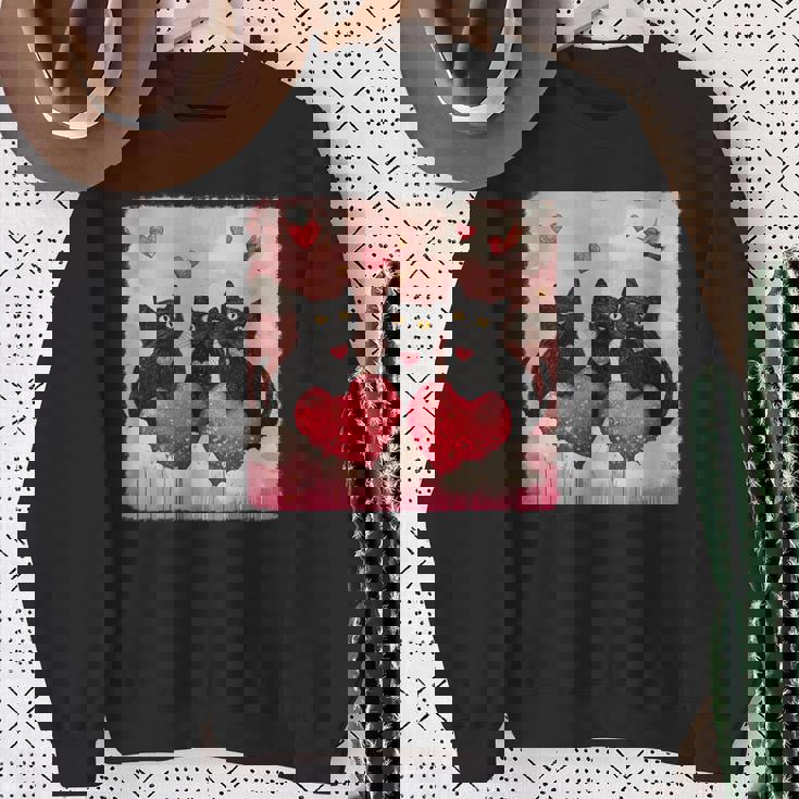 ハートのある黒猫 バレンタインデー アートペインティング スウェットシャツ 年配の女性への贈り物