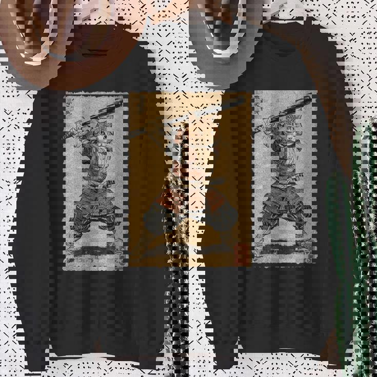 ビンテージアニメ 日本美術 野球選手の侍猫 長袖tシャツ スウェットシャツ 年配の女性への贈り物