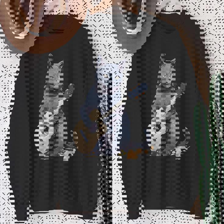 ミュージシャン ロシアンブルー猫 ギタリスト 猫とギター スウェットシャツ 年配の女性への贈り物