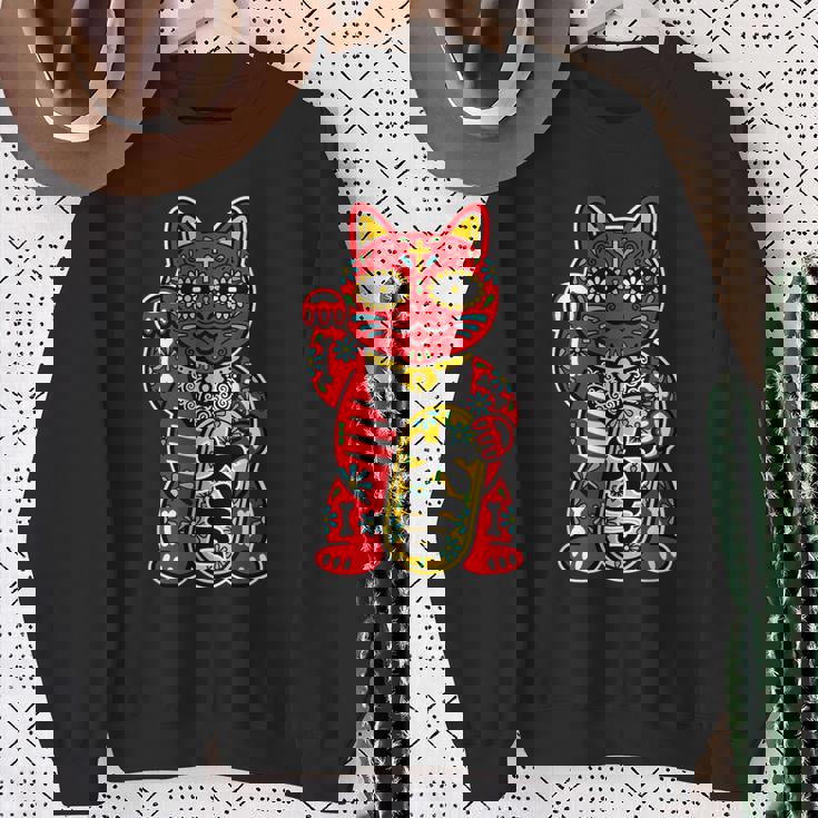 メキシコ 死者の日 と 招き猫 ネコ を組合わせた シュガー スカル キャット 赤 レッド 大吉 猫好き ねこマニア スウェットシャツ 年配の女性への贈り物