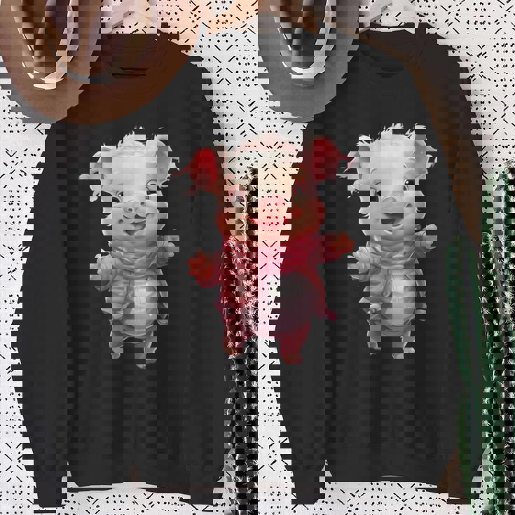 帽子とスカーフを着た豚のクリスマスプレゼント スウェットシャツ 年配の女性への贈り物