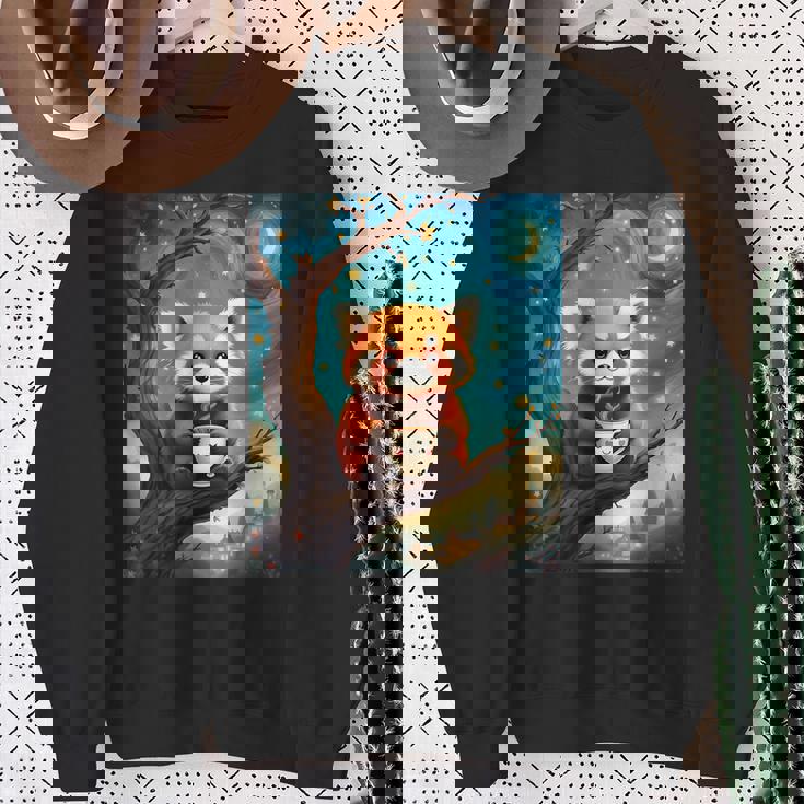 愛らしいレッサーパンダとティーカップの星月夜イラスト スウェットシャツ 年配の女性への贈り物