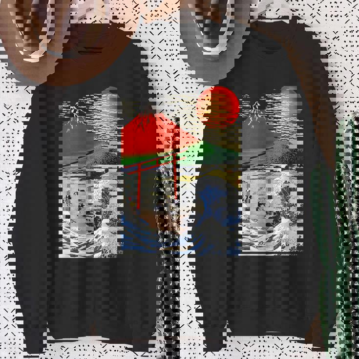 江戸日本 浮世白斎 赤富士山・津波 スウェットシャツ 年配の女性への贈り物