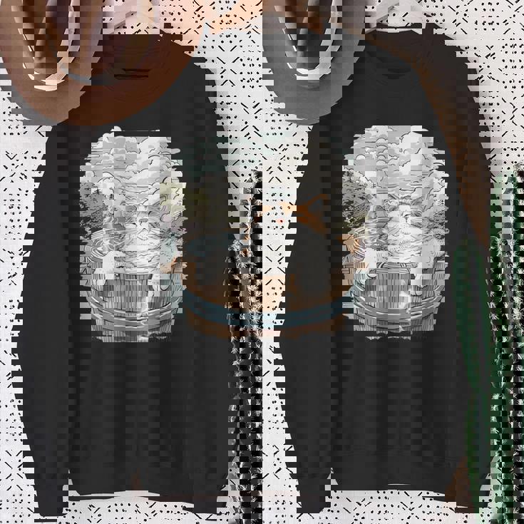 温泉 風呂 子猫 ペット好き 日本画 かわいい 猫 スウェットシャツ 年配の女性への贈り物