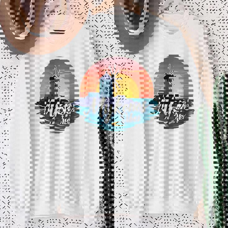 Mykonosibes ヴィンテージ 夕日 ギリシャの島 ギリシャ お土産 長袖tシャツ スウェットシャツ 年配の女性への贈り物