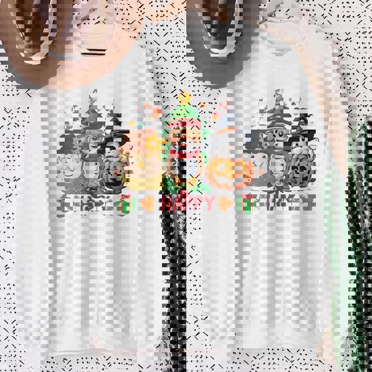ハッピー、感謝祭、ハロウィン、メリークリスマス。 長袖tシャツ スウェットシャツ 年配の女性への贈り物