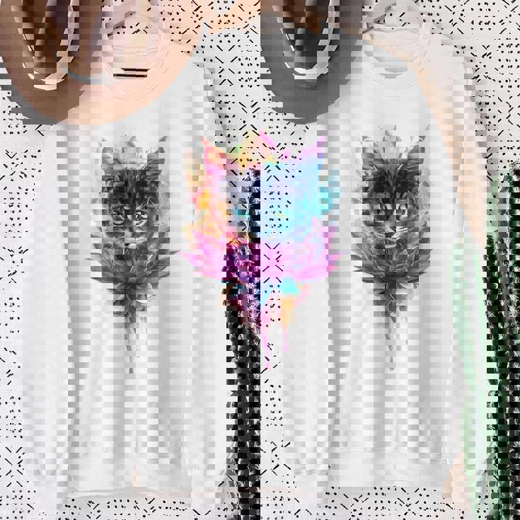 猫 花 カラフル かわいい アート 動物好き グラフィック 猫 スウェットシャツ 年配の女性への贈り物