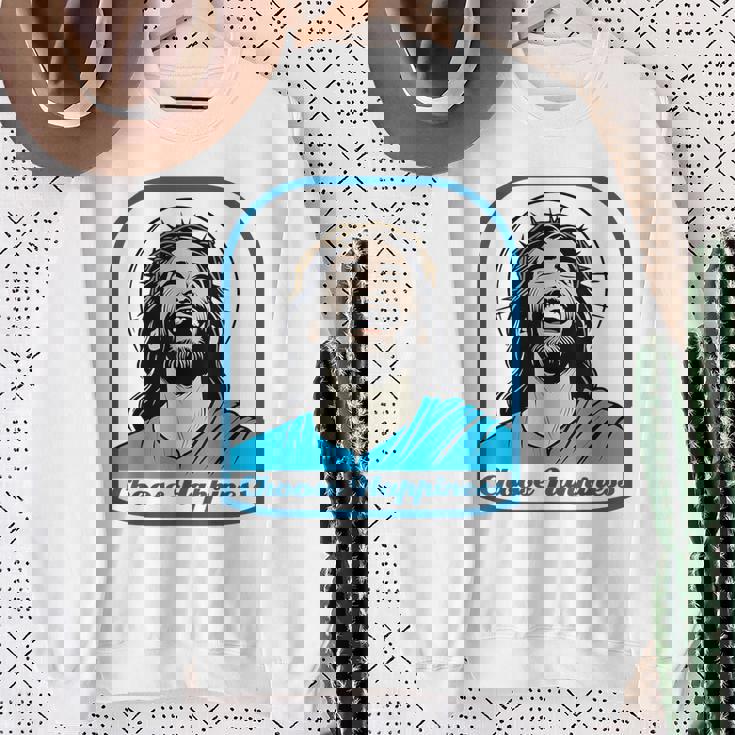 笑うイエス キリスト 喜び 幸せな笑顔 自信 いばらの冠 満足感 クリスマスプレゼント 贈り物 お土産 ポジティブ スウェットシャツ 年配の女性への贈り物