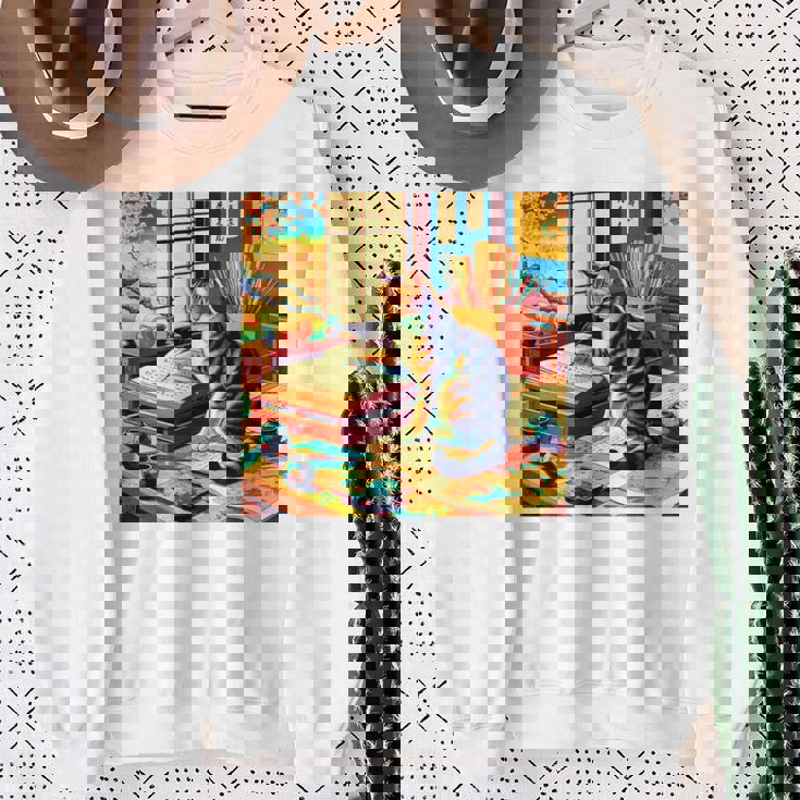 面白いtシャツ 猫 ネコ 読書 勉強 メンズ 猫好き グッズ おもしろ 面白い 服 ネタ 猫の下僕 浮世絵 長袖tシャツ スウェットシャツ 年配の女性への贈り物