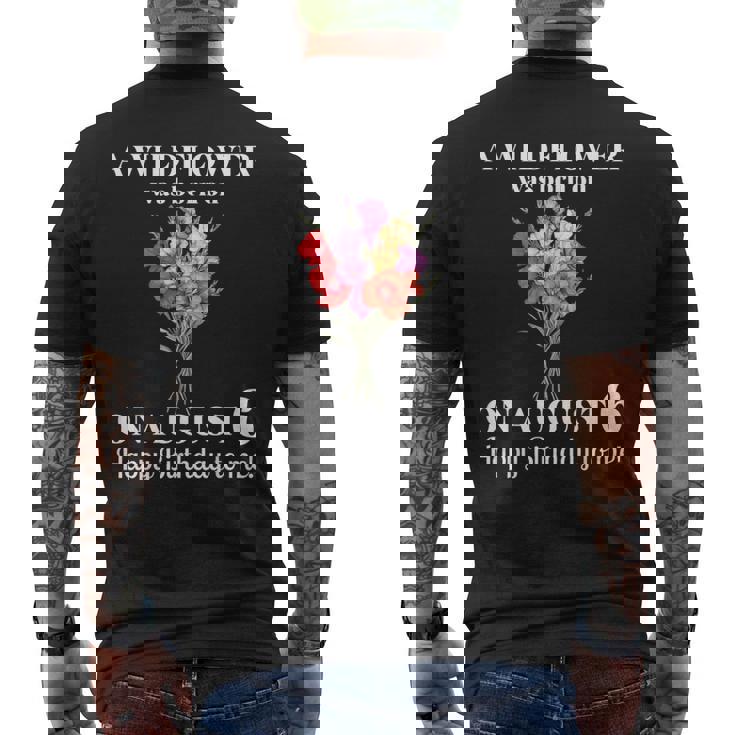 8月6日 誕生 花 グラジオラスとポピー 8月の誕生日 メンズTシャツ バックプリント