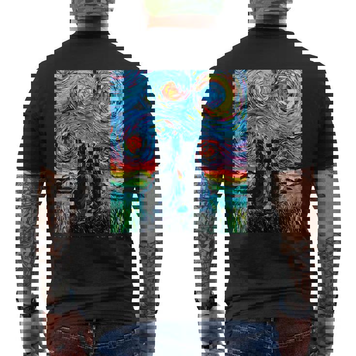 Aja 星月夜に2匹の黒猫 カラフルアート メンズTシャツ バックプリント